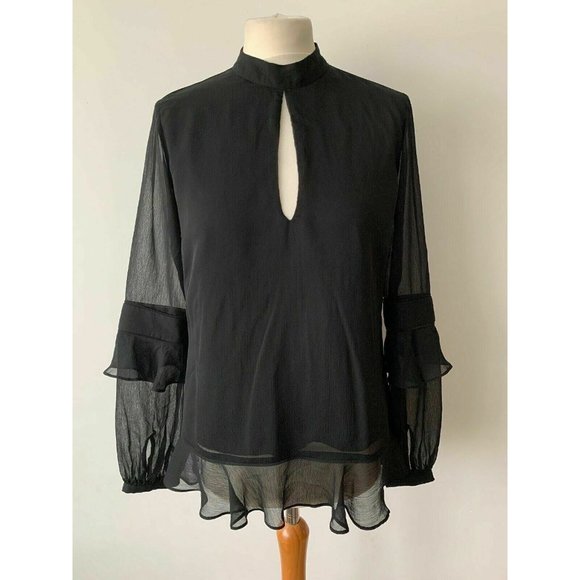 Sosandar Tops - Sosandar Black Ruffle Sleeve High Neck Blouse Size 10 Key Hole Detail